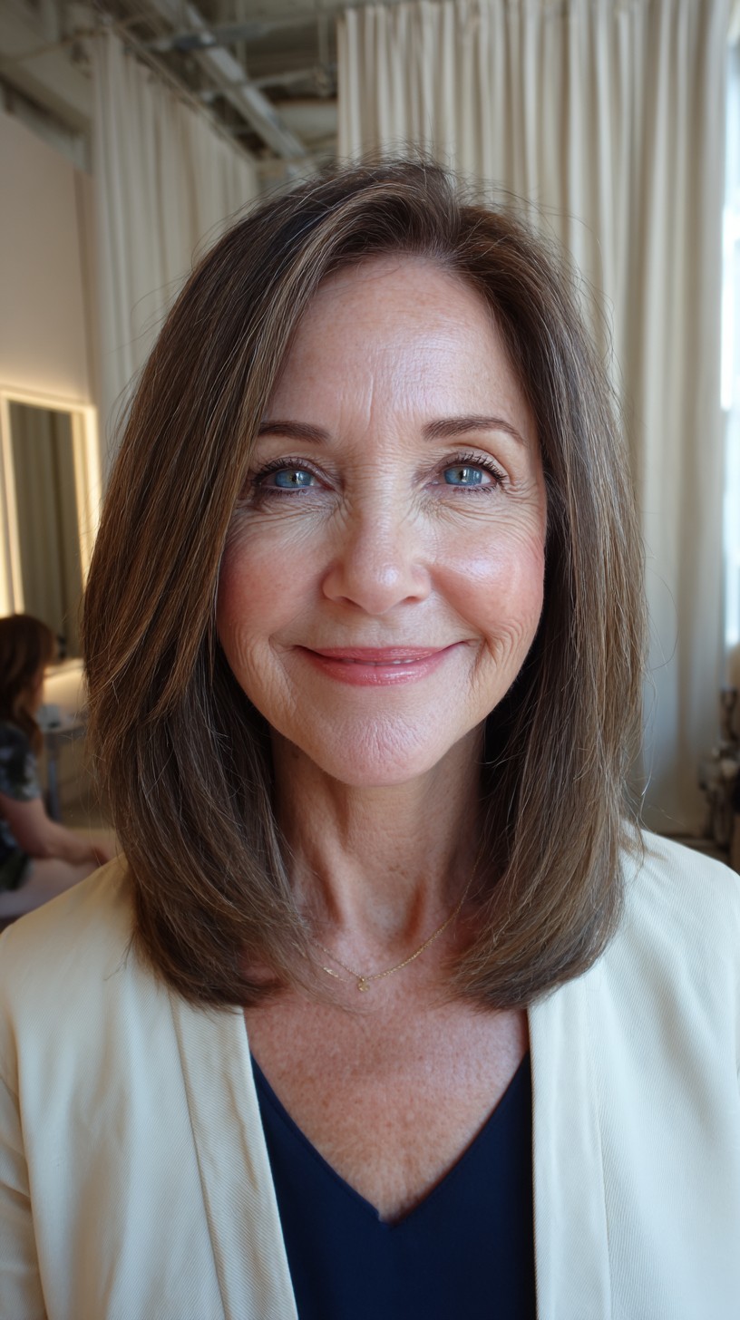 Neutral Brown Shoulder-Grazing Layered Lob with Interior Graduation