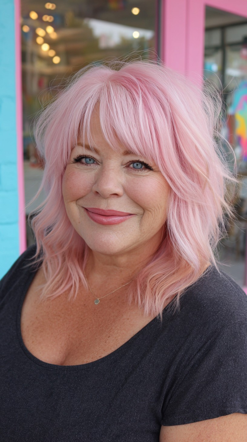 Pastel Pink Layered Shoulder Shag with Soft Curtain Bangs