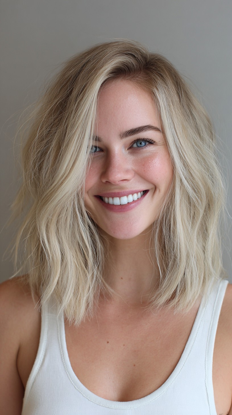 Piecey Ash-Blonde Textured Long Bob with Subtle Root Shadow