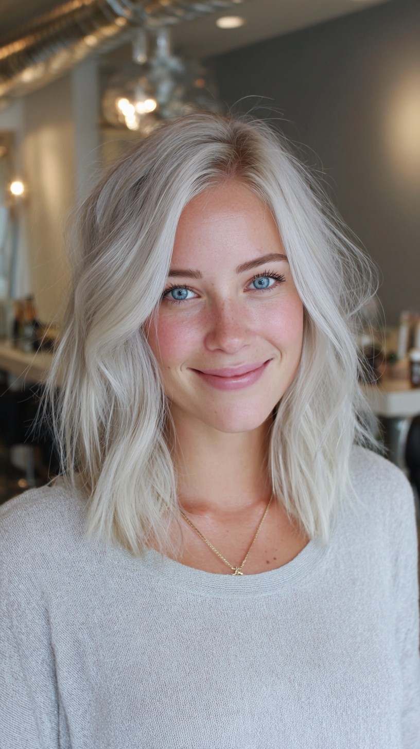Platinum Textured Long Bob with Feathered Face-Framing
