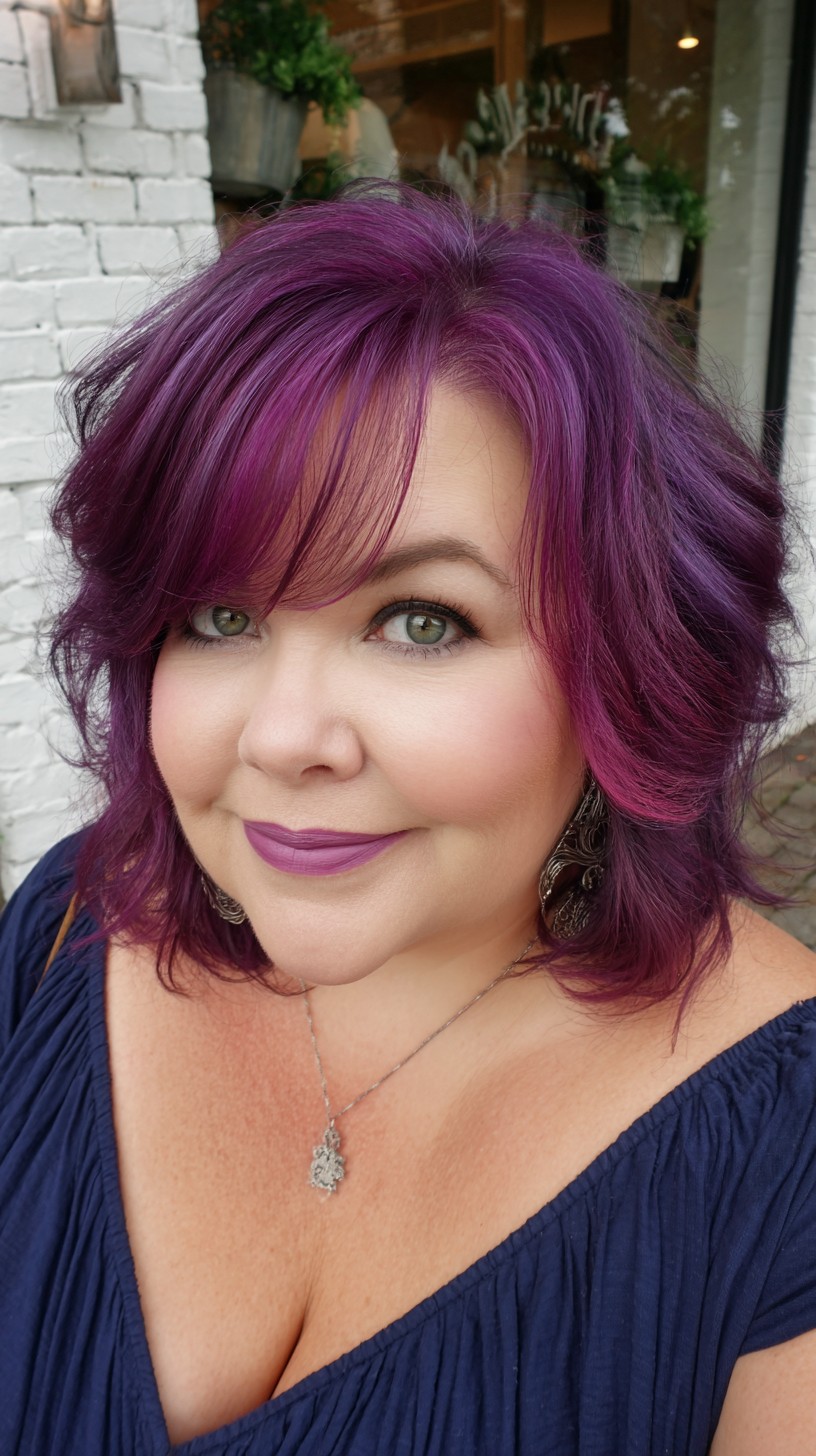 Plum-Purple Textured Shoulder-Length Shag with Side-Swept Curtain Fringe