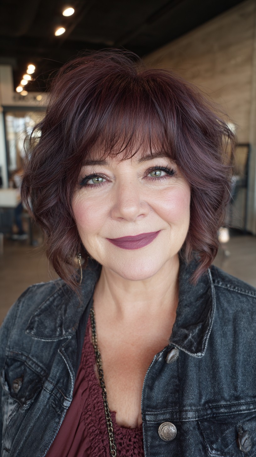 Plum-Rooted Chin-Length Shag with Feathered Curtain Fringe