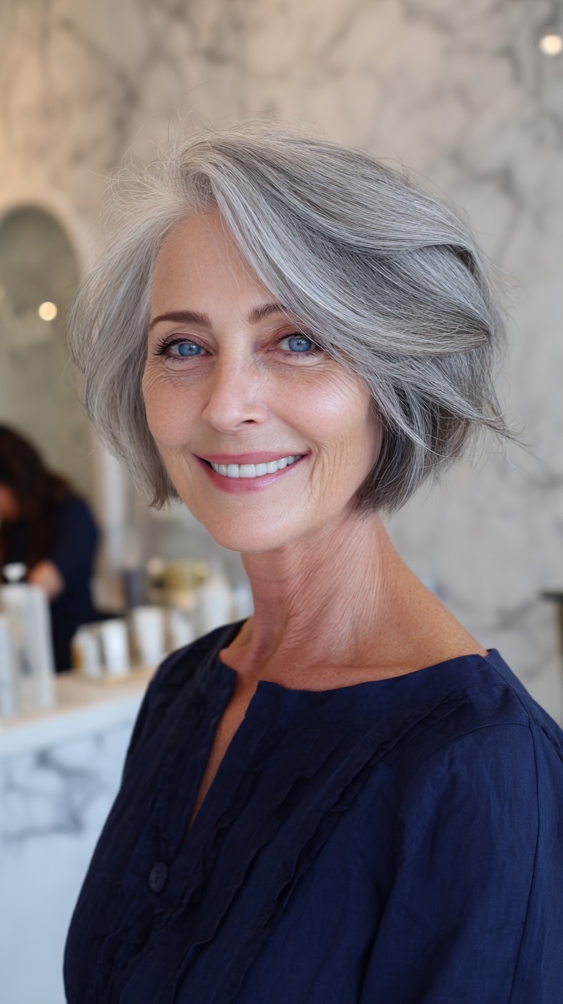 Polished Silver Chin-Length Bob with Long Side-Swept Layers