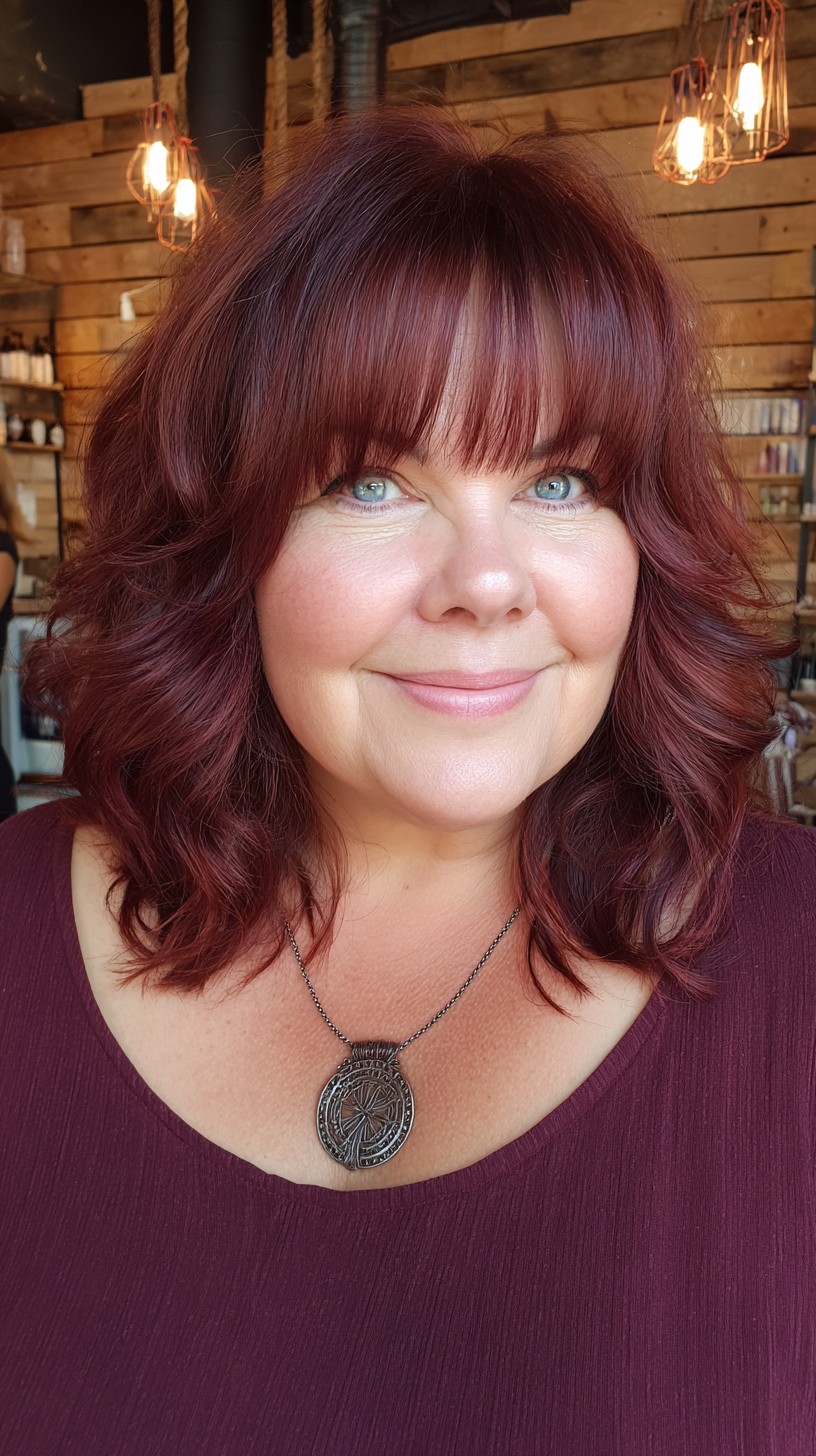 Rich Mahogany Shoulder-Length Shag with Razor-Textured Layers and Wispy Fringe
