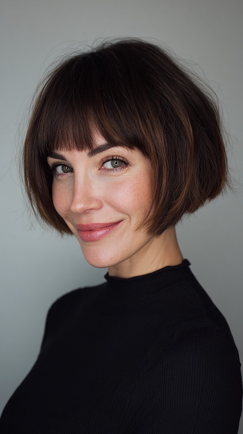 Rounded Chin-Length Bob with Blunt Micro Fringe