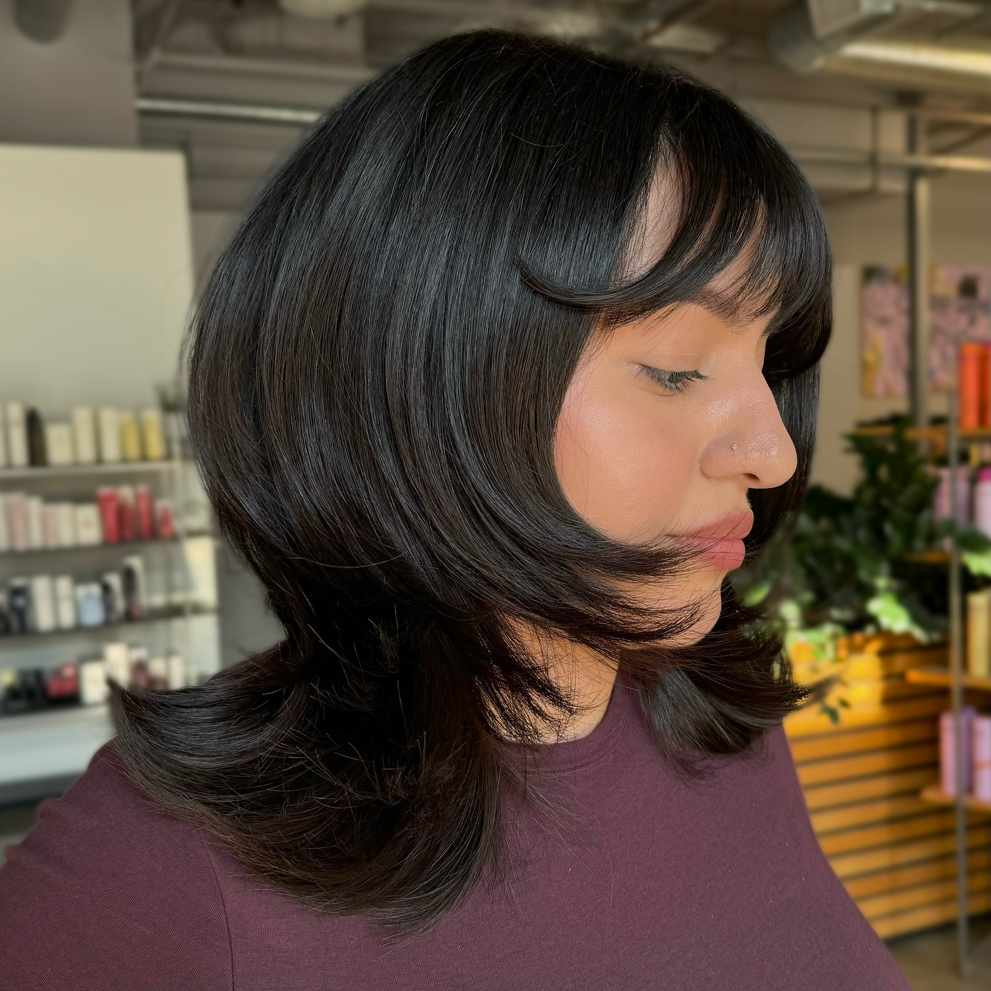 Rounded Feathered Shag with Curved Micro Curtain Bangs