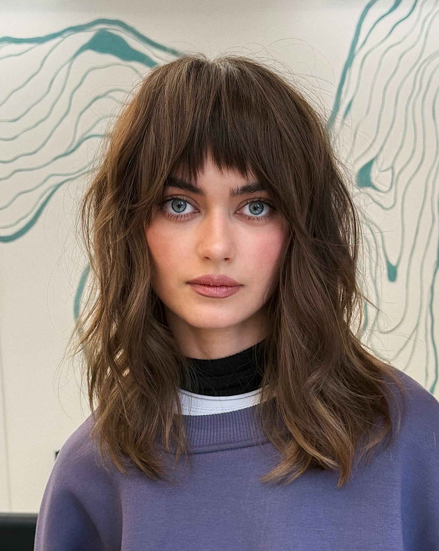 Shaggy Shoulder-Length Cut with Short Blunt Fringe and Face‑Framing Layers