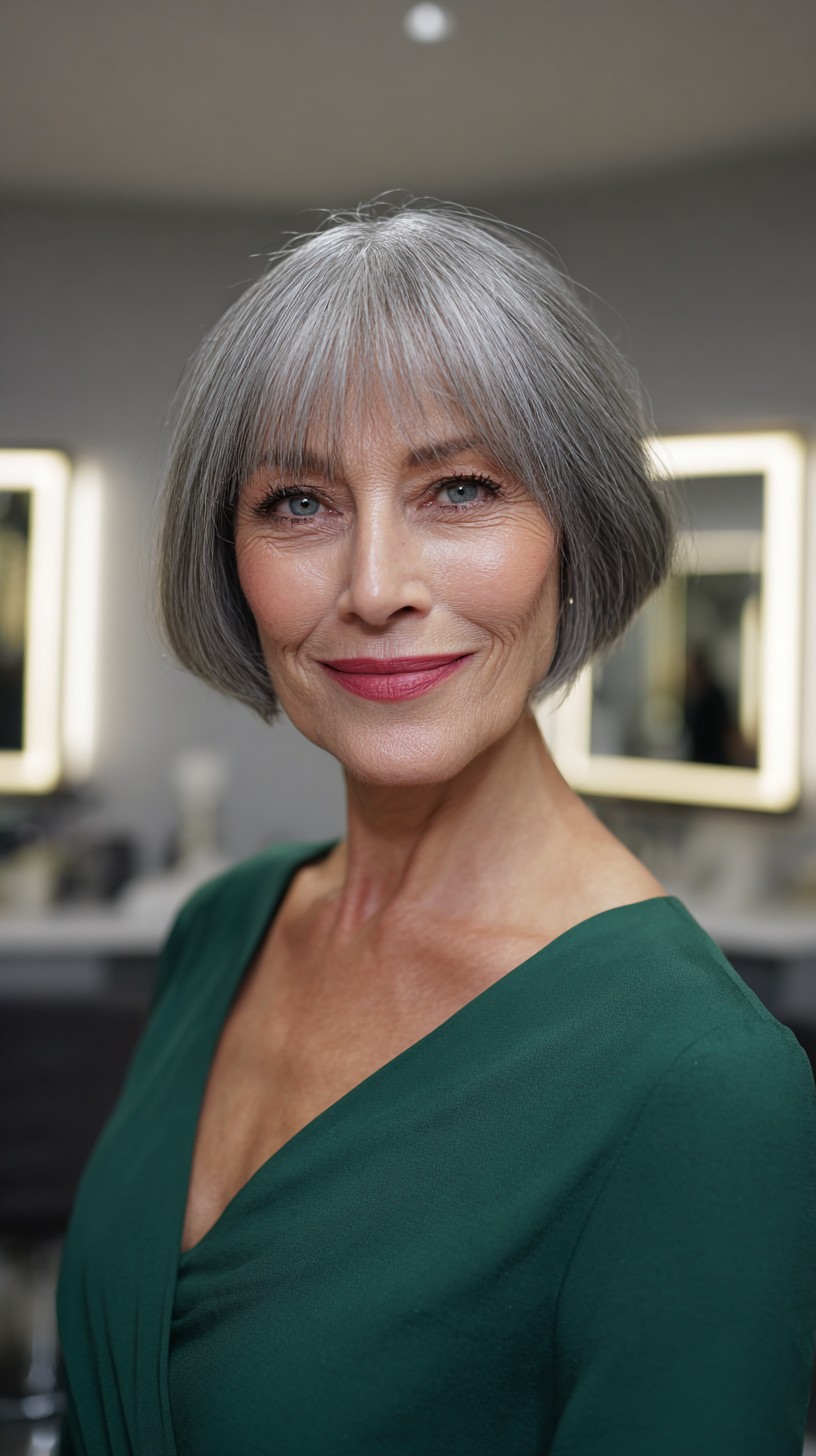 Silver Angled Chin-Length Bob with Soft Blunt Fringe