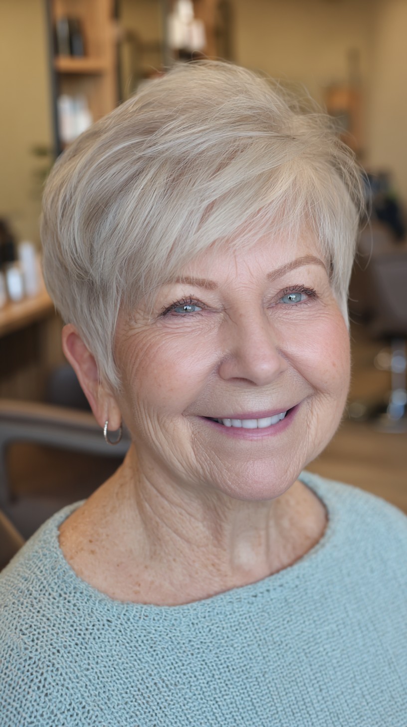 Silver Pixie with Diagonal Feathered Fringe and Soft Apex