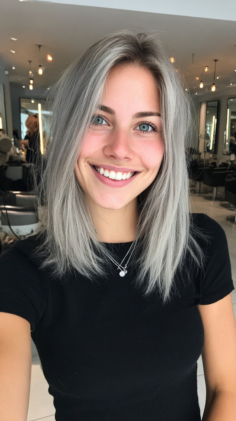 Silver Textured Lob with Razor-Cut Ends and Root-Smudge