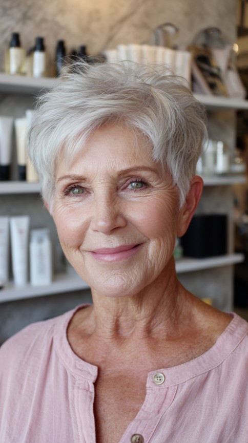 Silver Textured Pixie with Feathered Crown and Soft Side Fringe