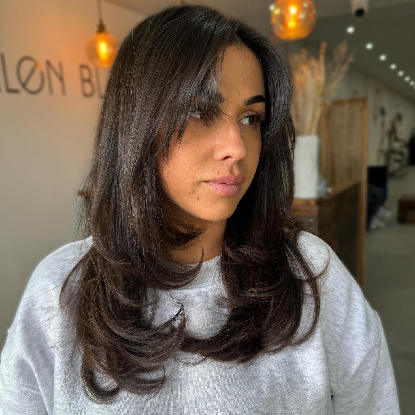 Sleek Face-Framing Layered Blowout with Long Side-Swept Fringe