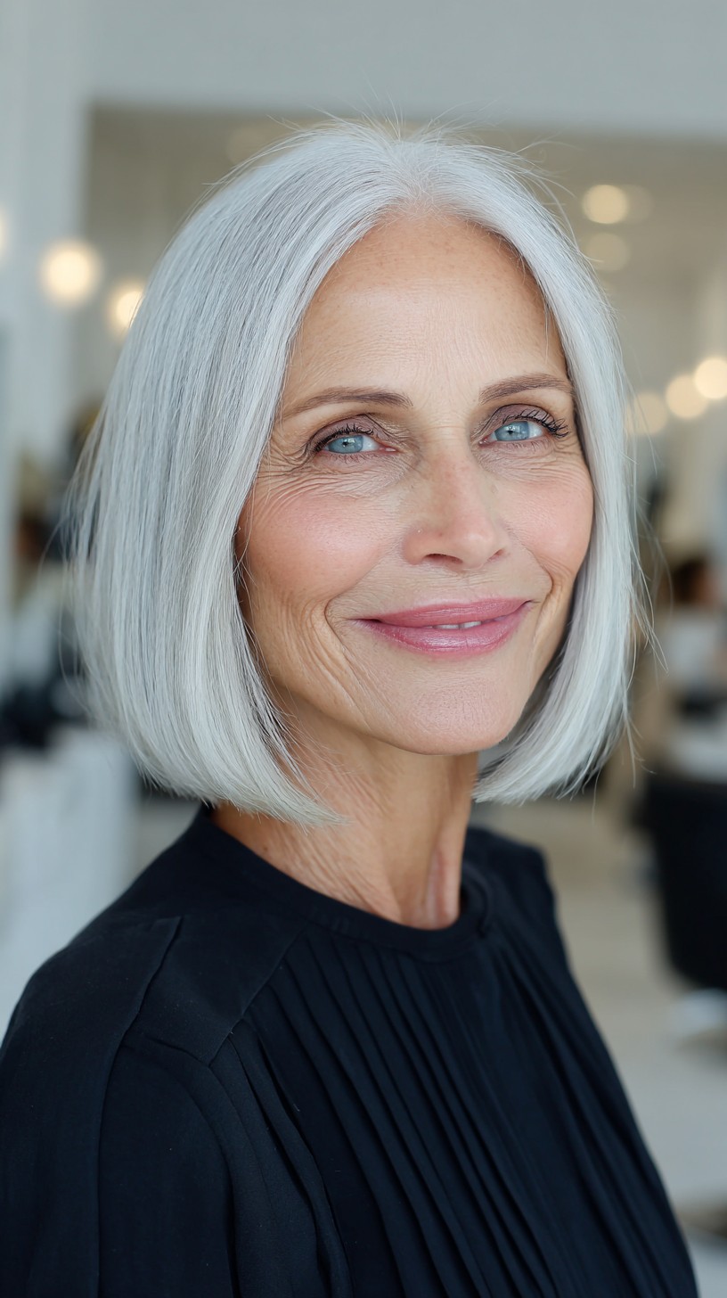 Sleek Silver Chin-Length Blunt Bob with Center Part