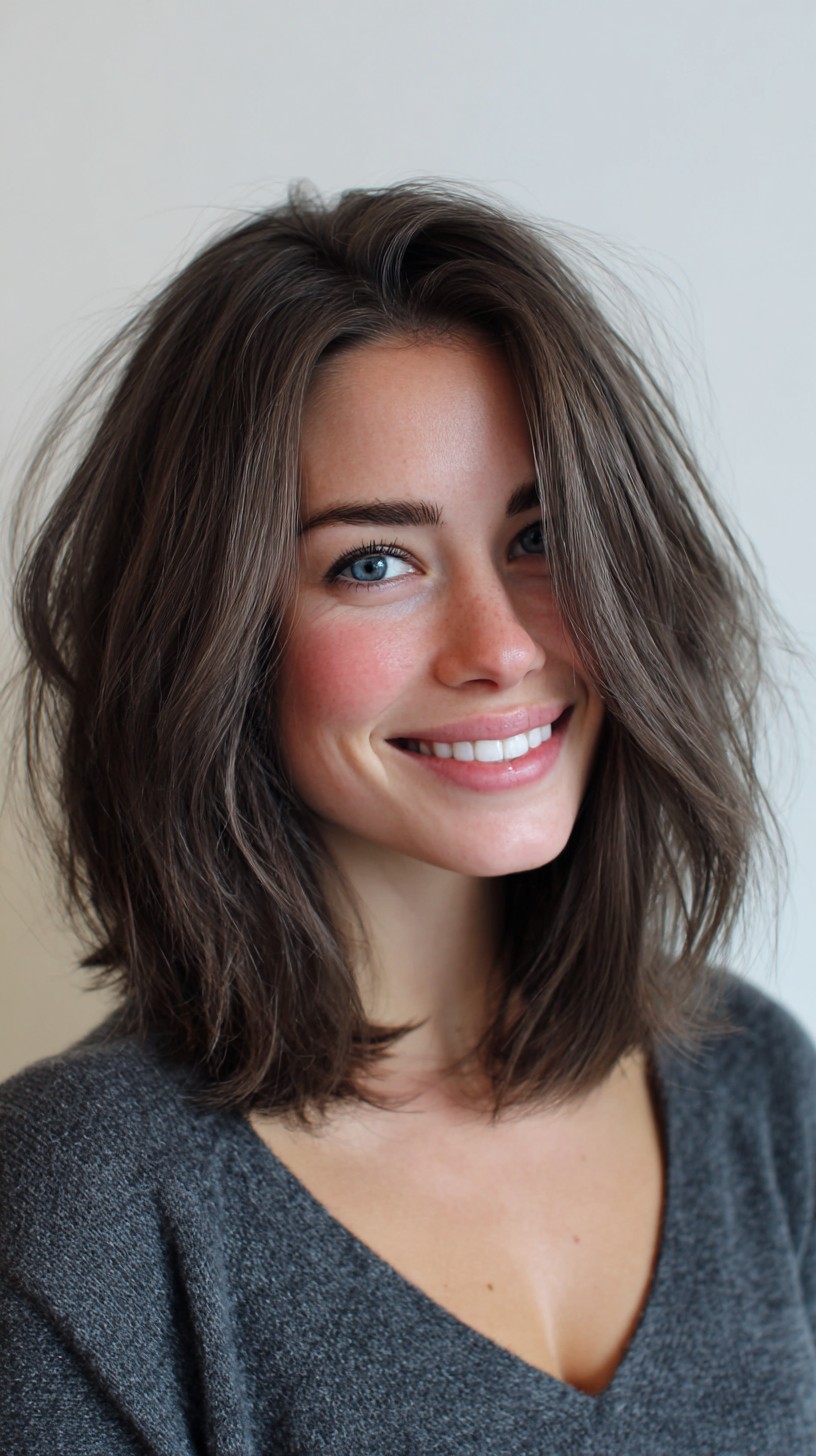 Soft Ash-Brown Textured Long Bob with Curtain Layers