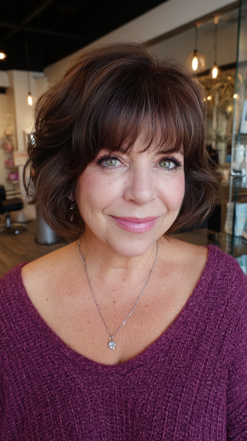 Soft Brunette Chin-Length Textured Shag with Feathered Fringe