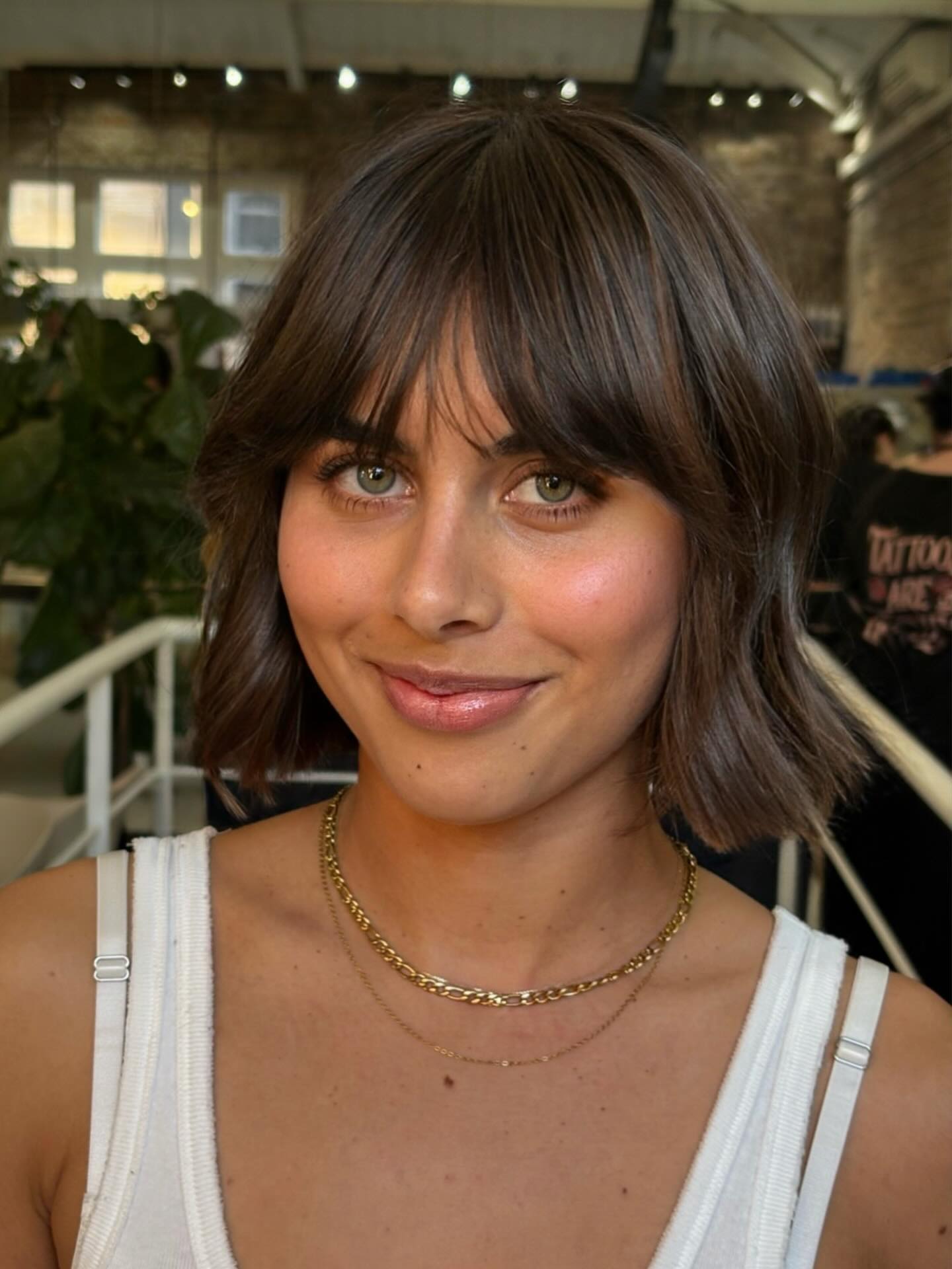 Soft Chocolate Chin-Length Bob with Curtain Fringe