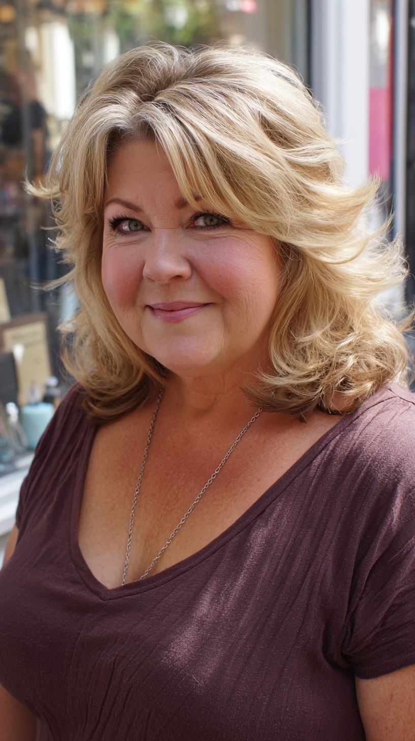 Soft Rooted Blonde Layered Shag with Face‑Framing Feathers
