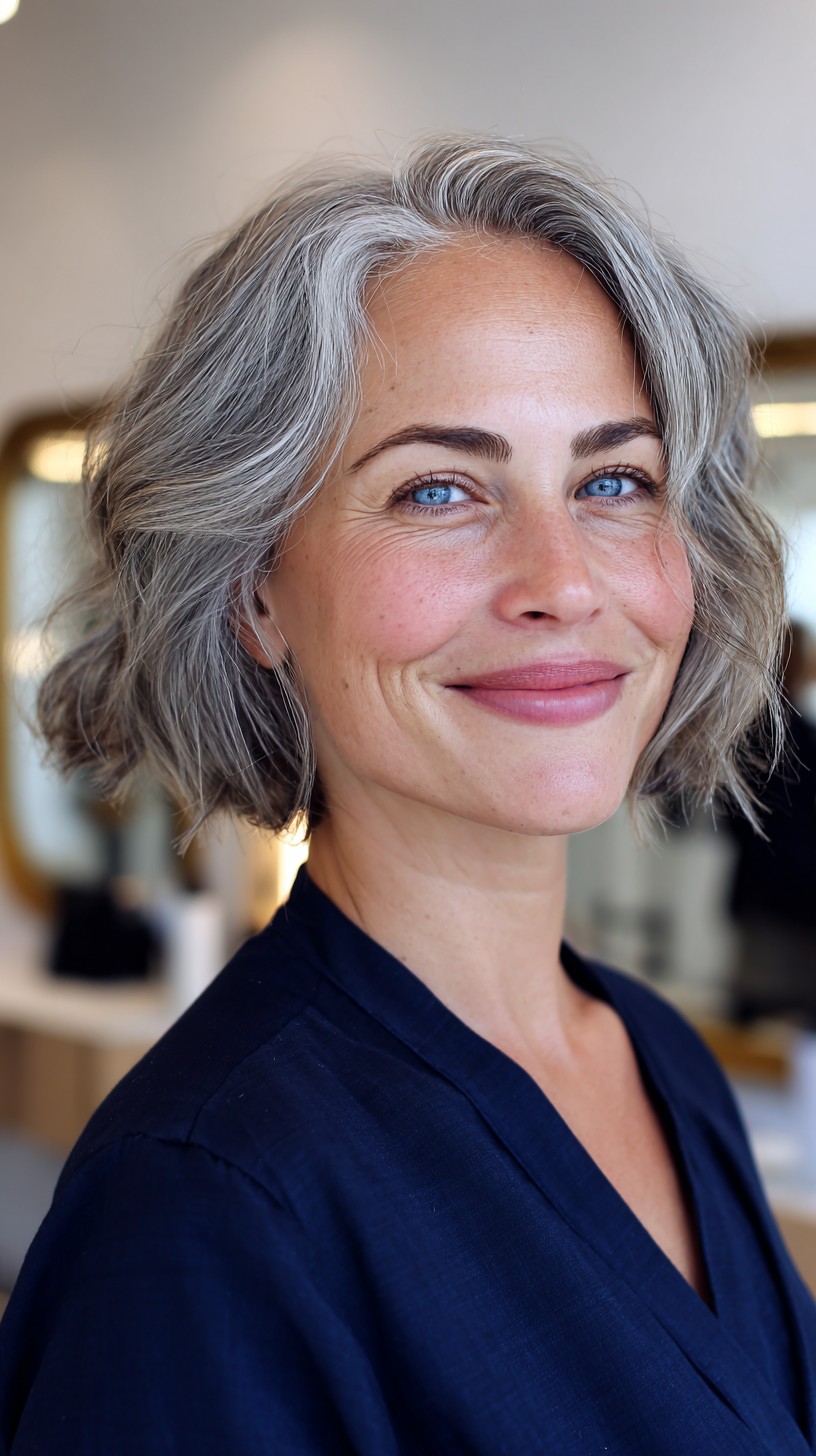 Soft Salt-and-Pepper Wavy Chin-Length Bob with Side Part