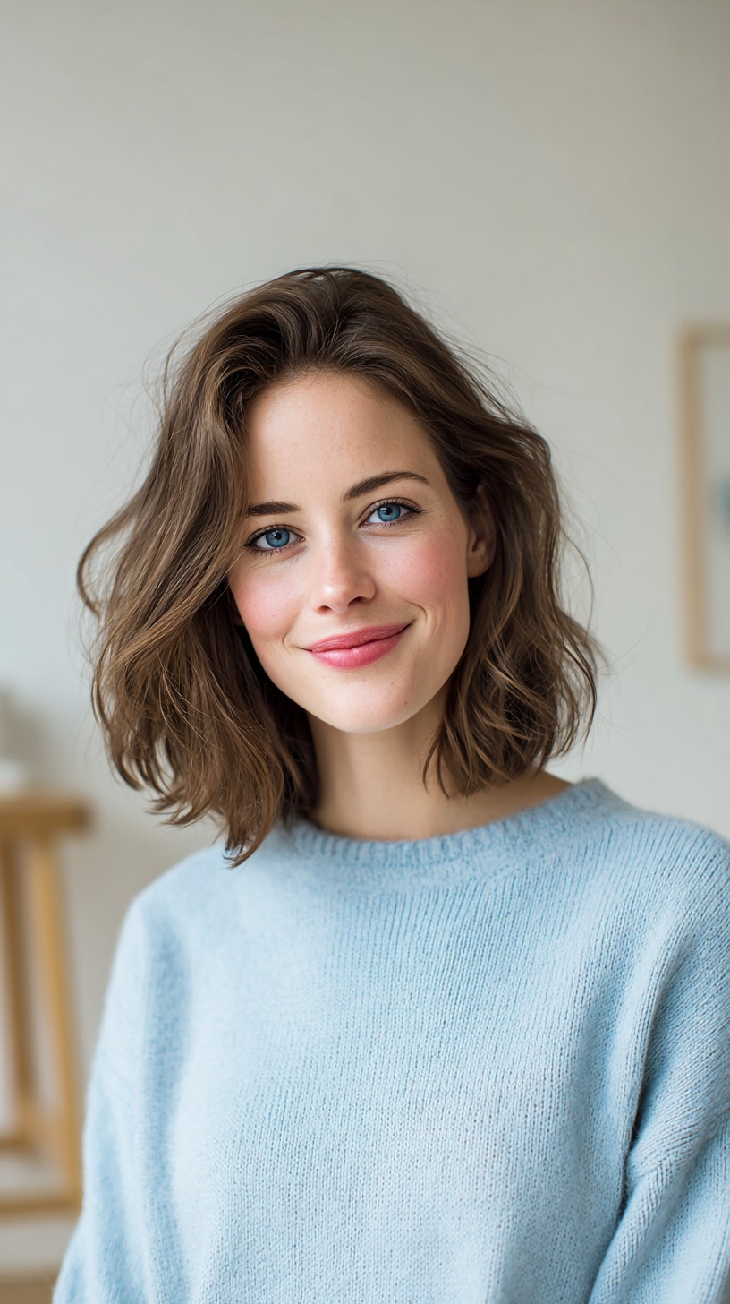 Soft Textured Chin-Length Lob with Off-Center Root Lift