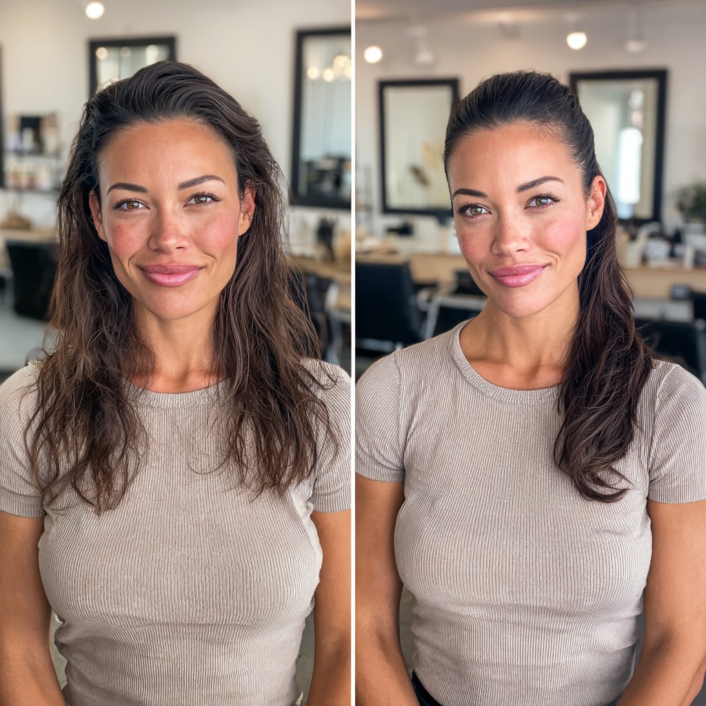 Soft Textured Mid-Length Pull-Back with Low Sleek Pony and Natural Crown Lift