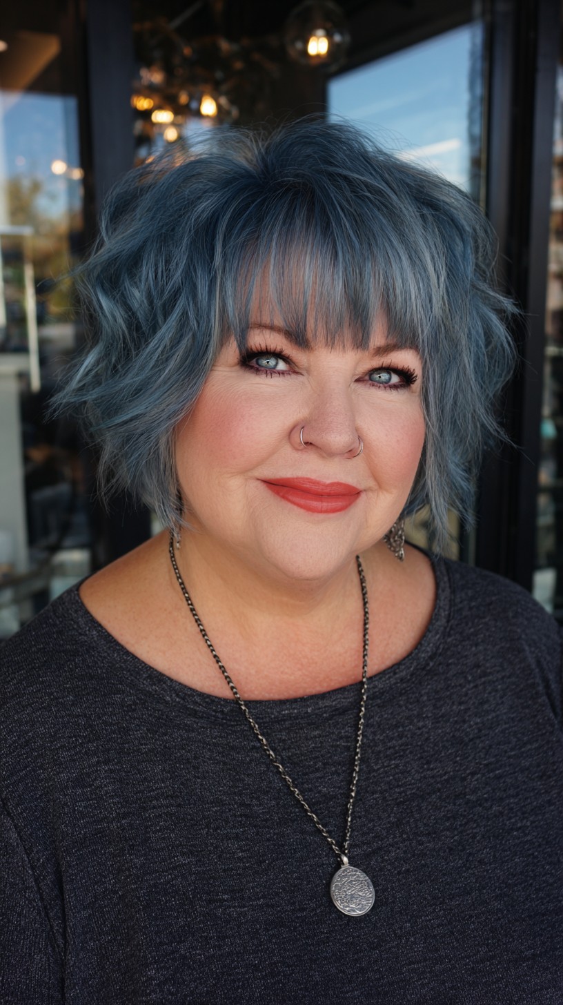 Steel-Blue Textured Chin-Length Shag with Soft Blunt Fringe
