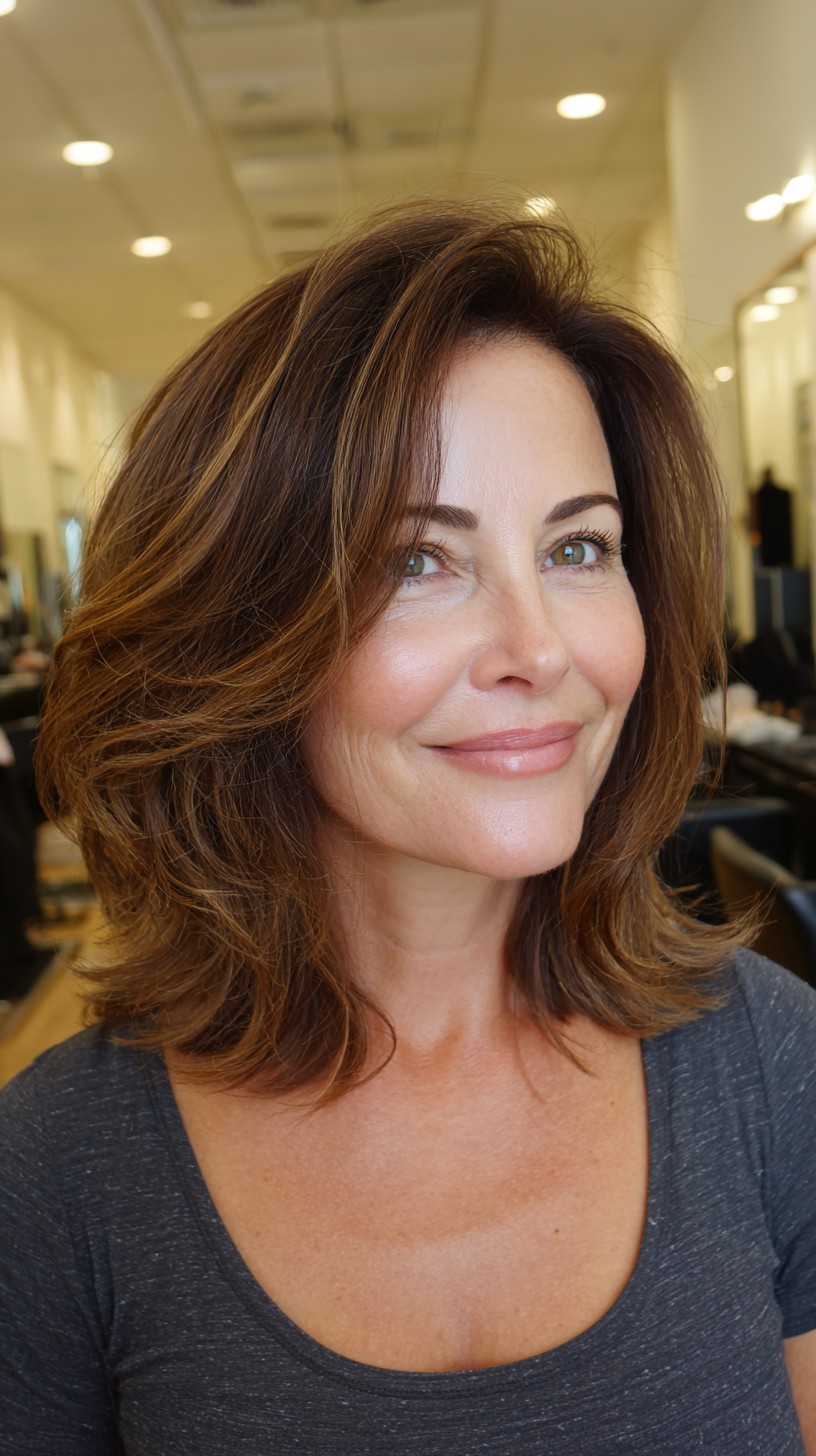 Sun-Kissed Brunette Feathered Shoulder-Length Bob with Lifted Crown