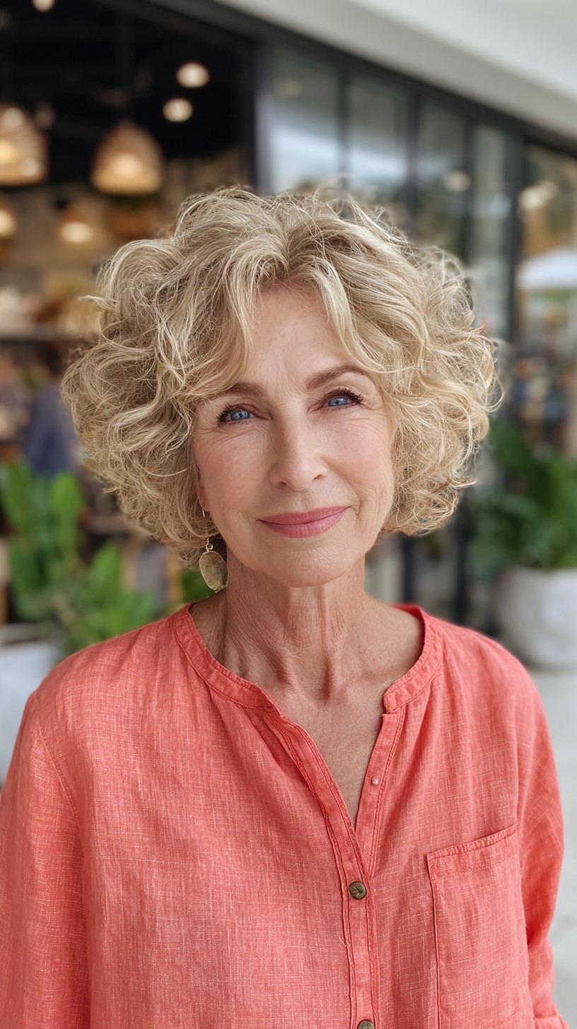Sunlit Curly Chin-Length Layered Bob with Face-Framing Curtain