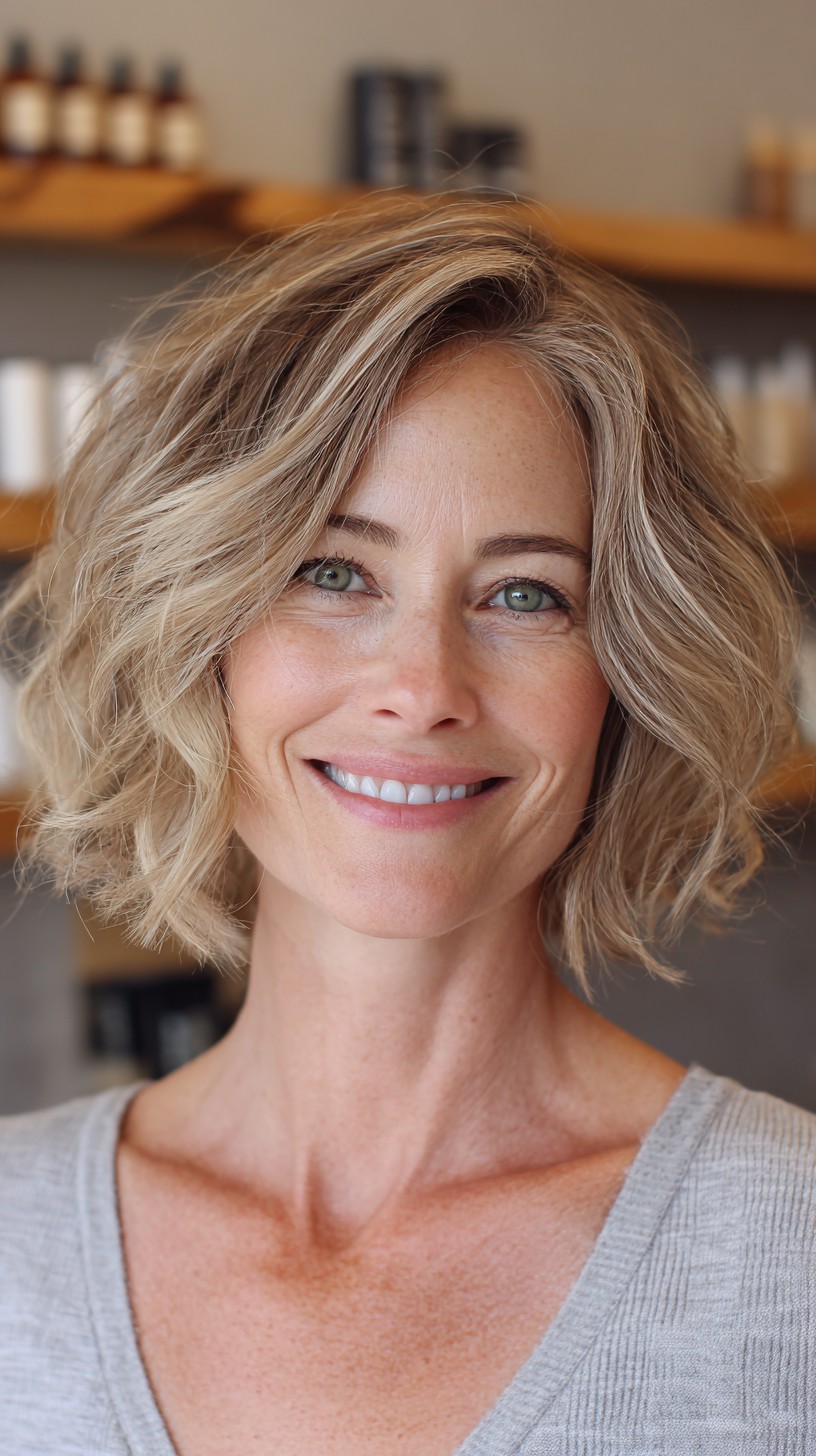 Textured Ash-Blonde Chin-Length Wavy Bob with Soft Root Shadow