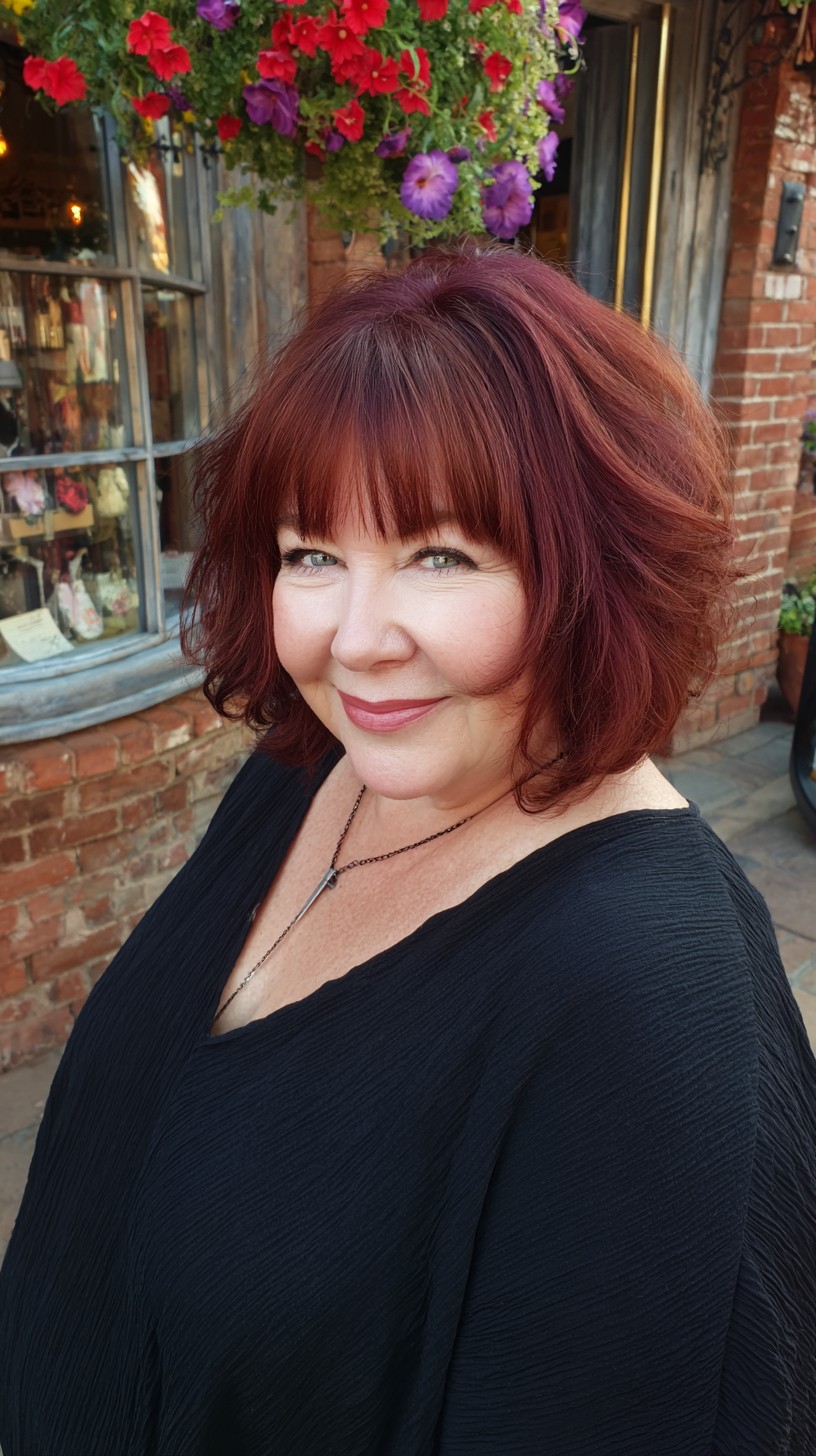 Textured Auburn Chin-Length Shag with Soft Fringe