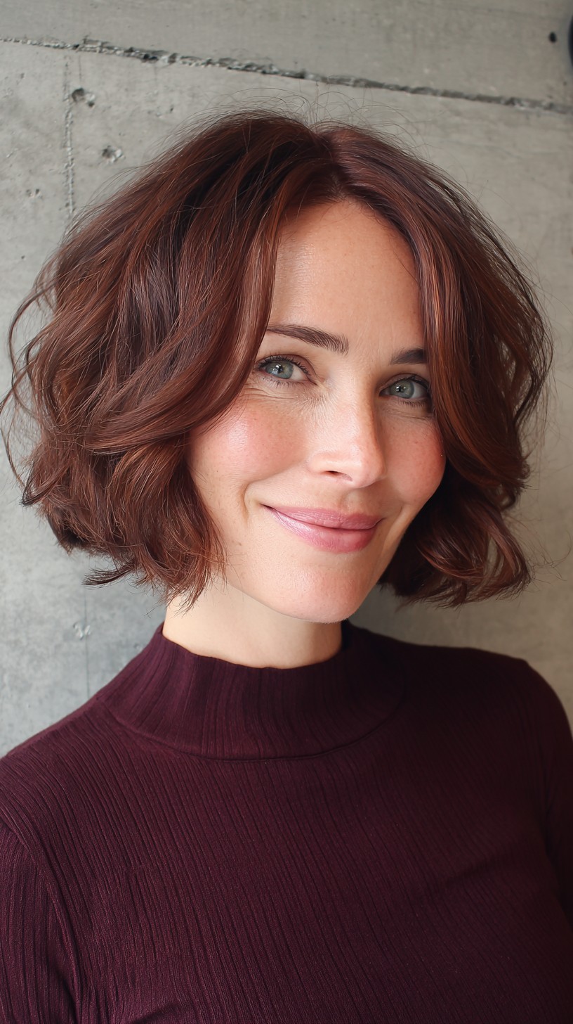 Textured Chin-Length Auburn Bob with Soft Internal Graduation