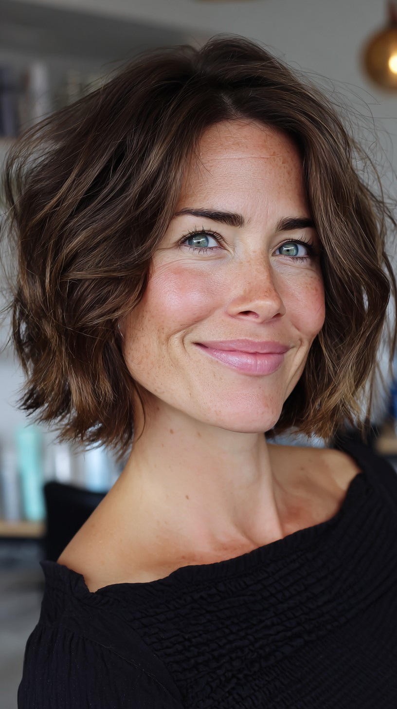 Textured Chin-Length Layered Bob with Face-Framing Wisps