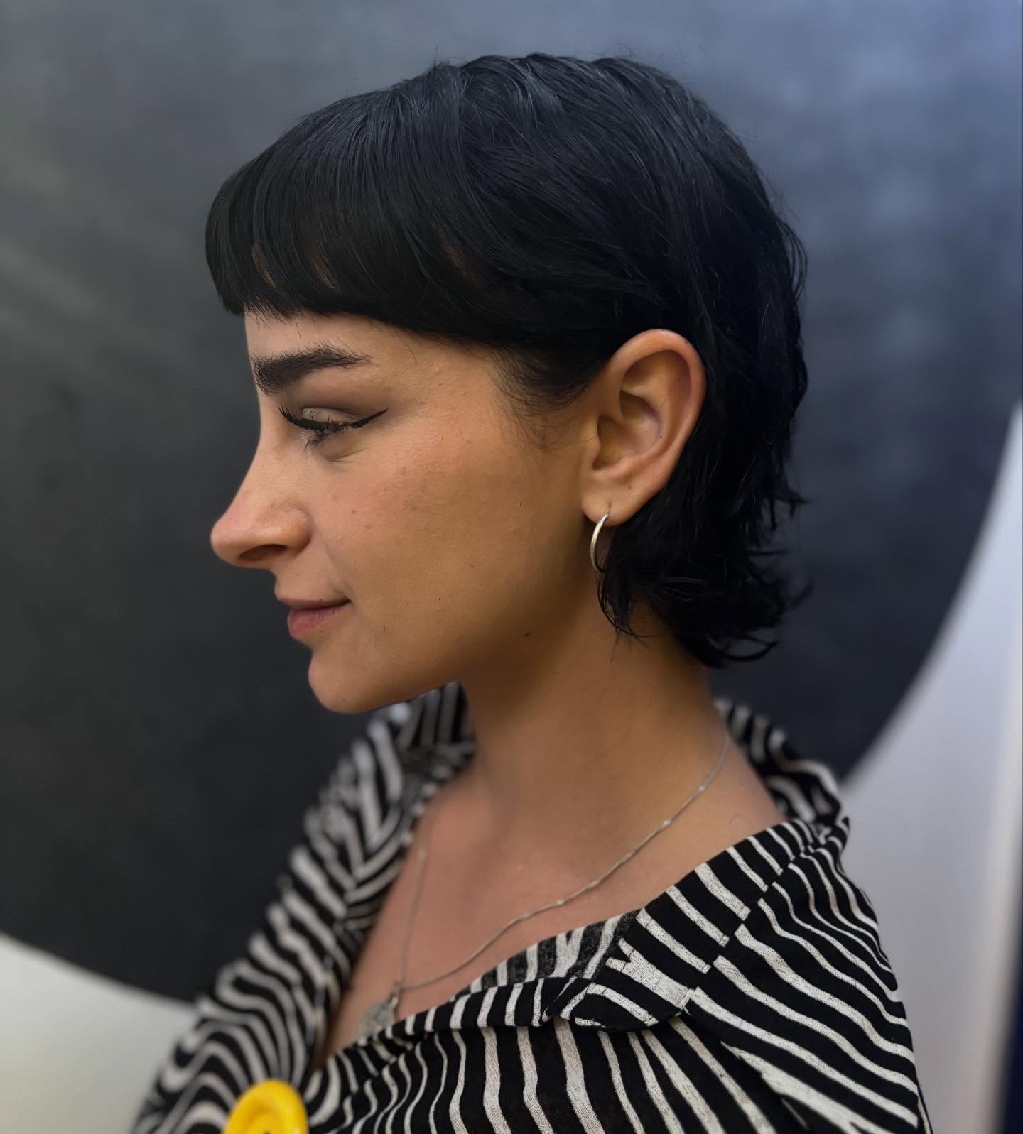 Textured Short Pixie-Mullet with Crescent Mini Bangs