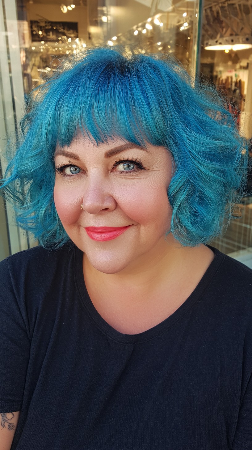 Textured Turquoise Chin-Length Shag with Soft Blunt Micro-Fringe