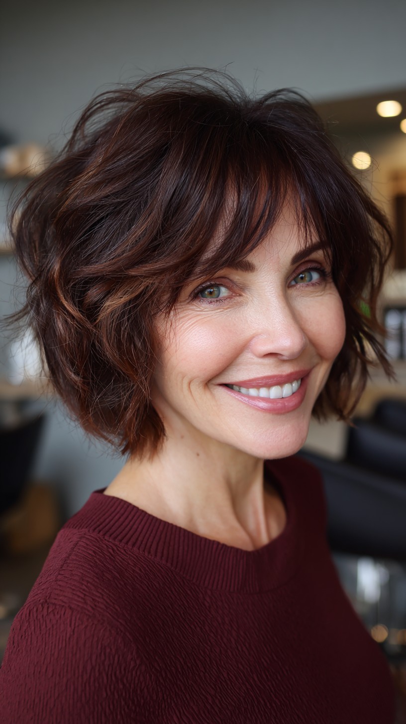 Tousled Chestnut Layered Bob with Soft Curtain Fringe