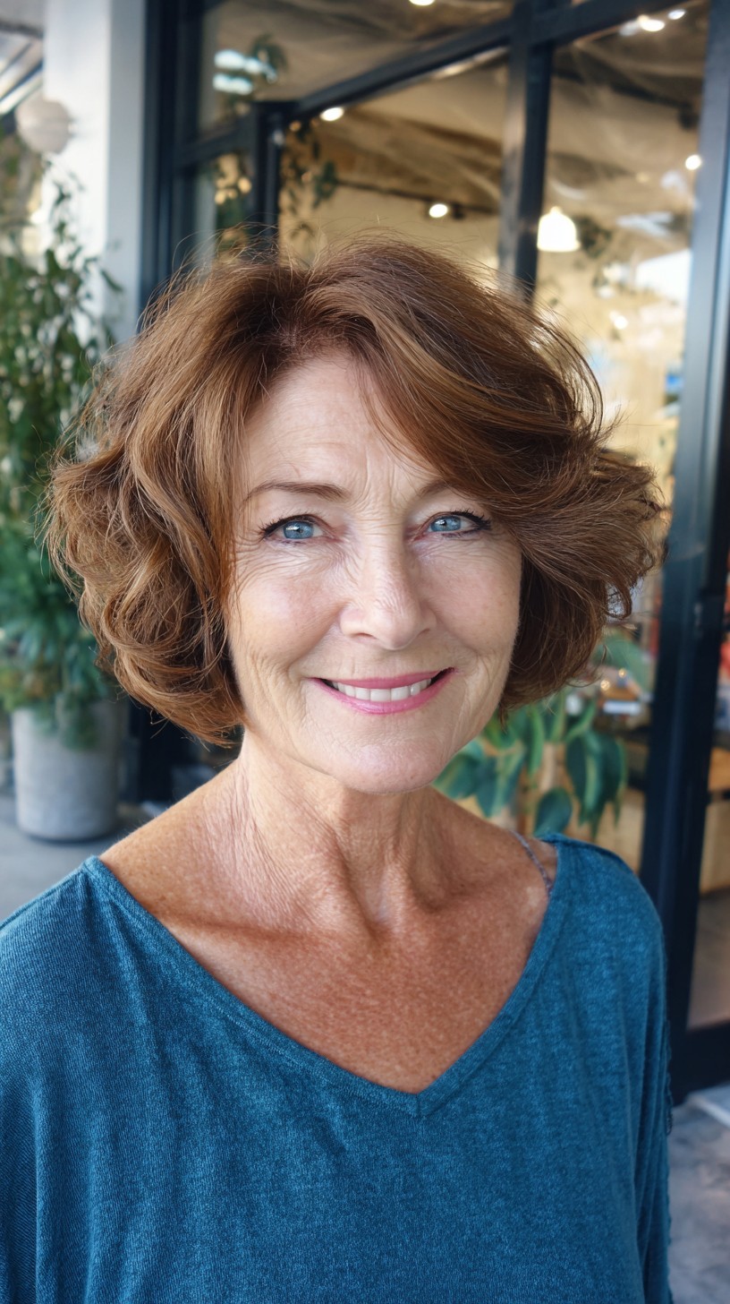 Voluminous Chestnut Curled Chin-Length Bob with Root Lift