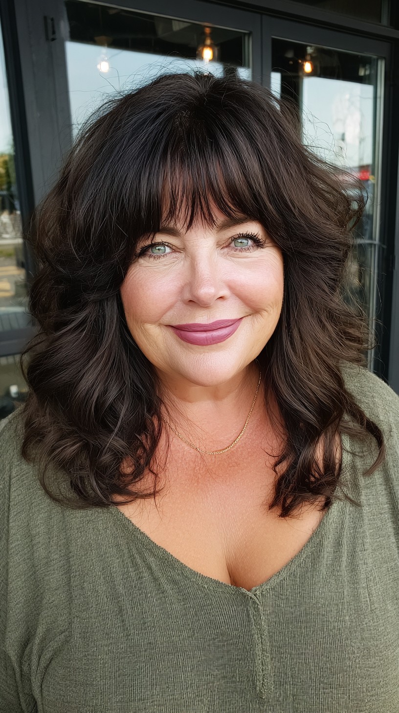 Voluminous Chocolate Shoulder Shag with Wispy Short Fringe