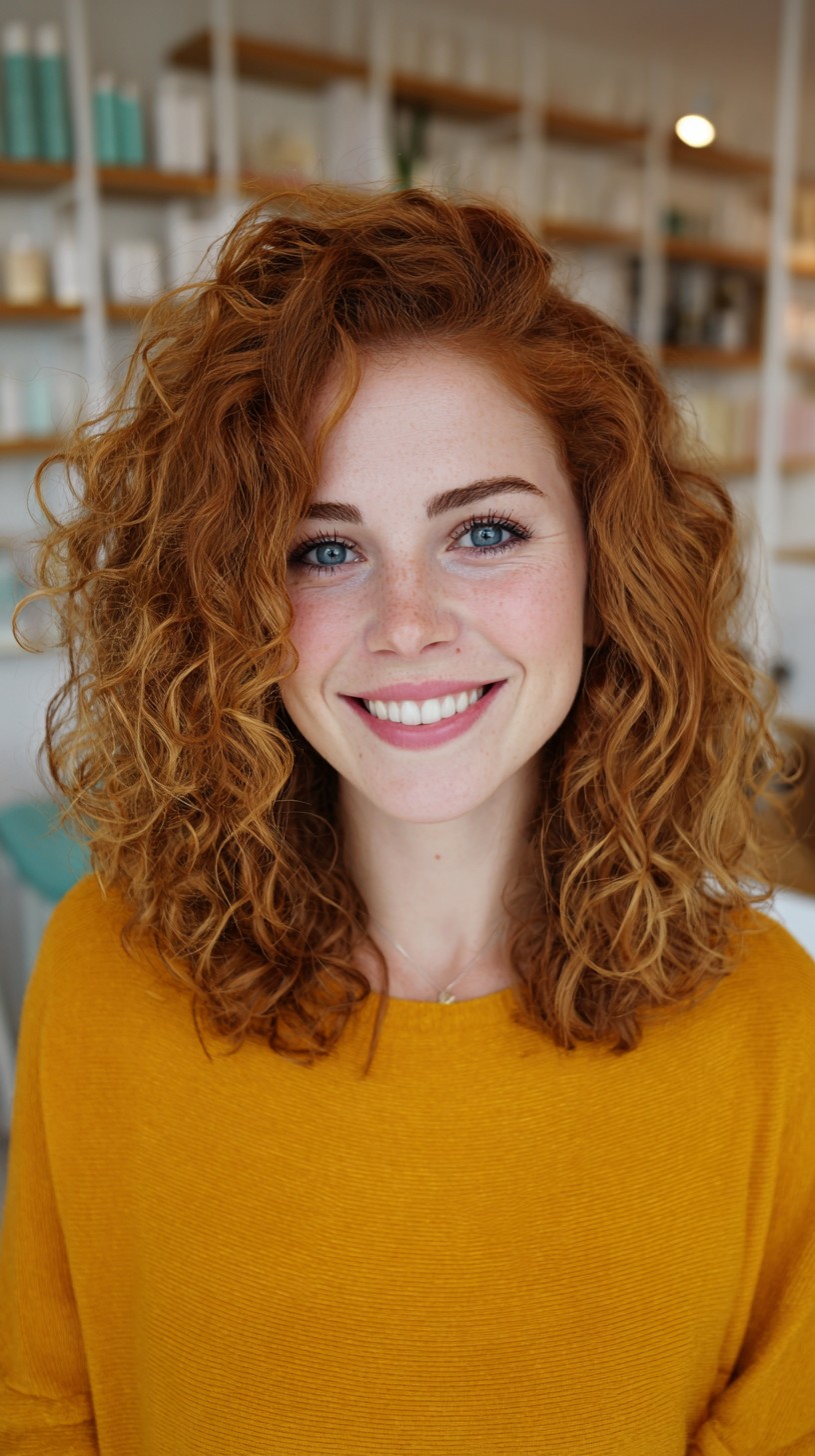Voluminous Copper Curly Lob with Long Internal Layers