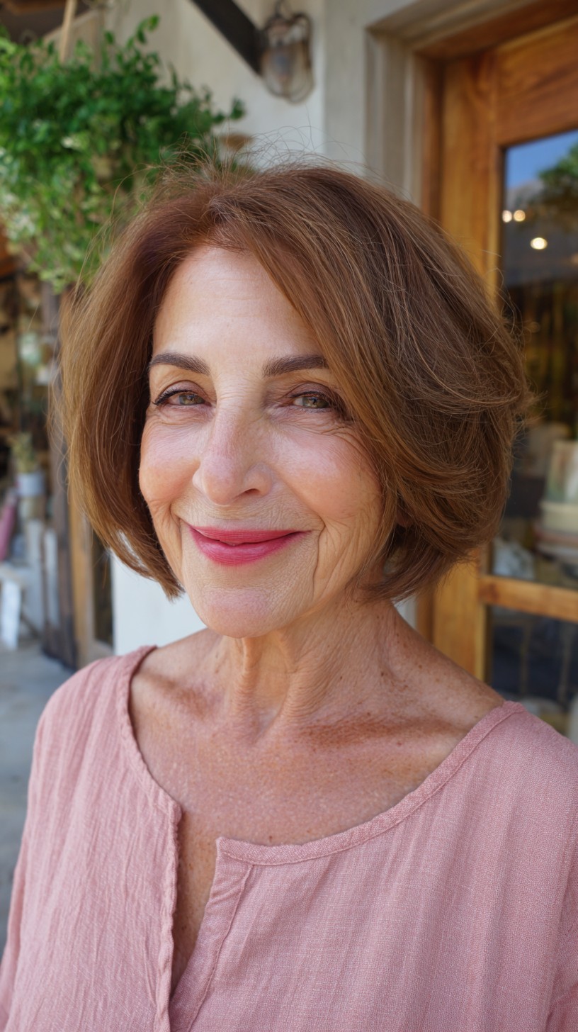 Warm Auburn Rounded Bob with Subtle Root Shadow