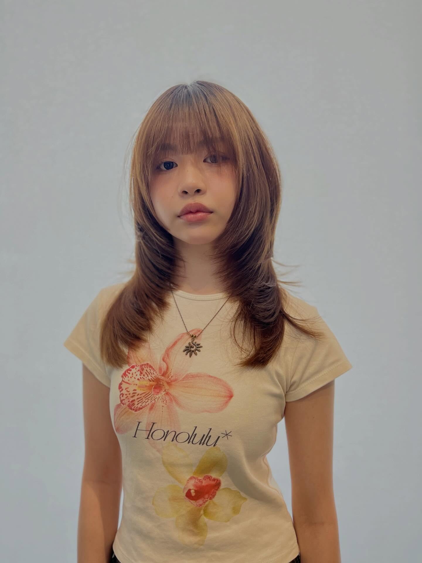 Warm Caramel Feathered Mullet-Lob with Blunt Wispy Fringe