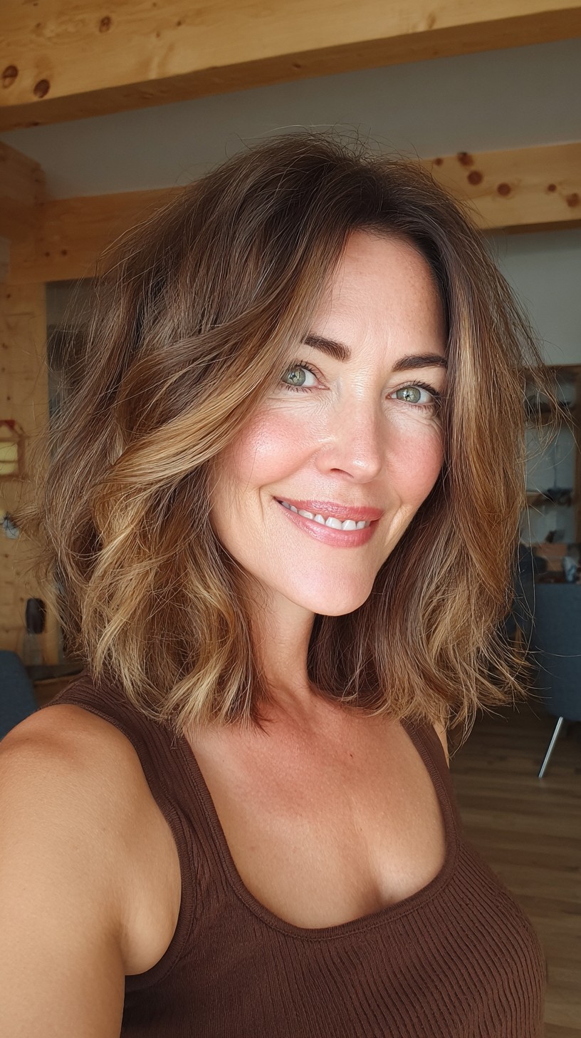 Warm Chestnut Balayage Shoulder-Length Textured Lob with Curtain Part