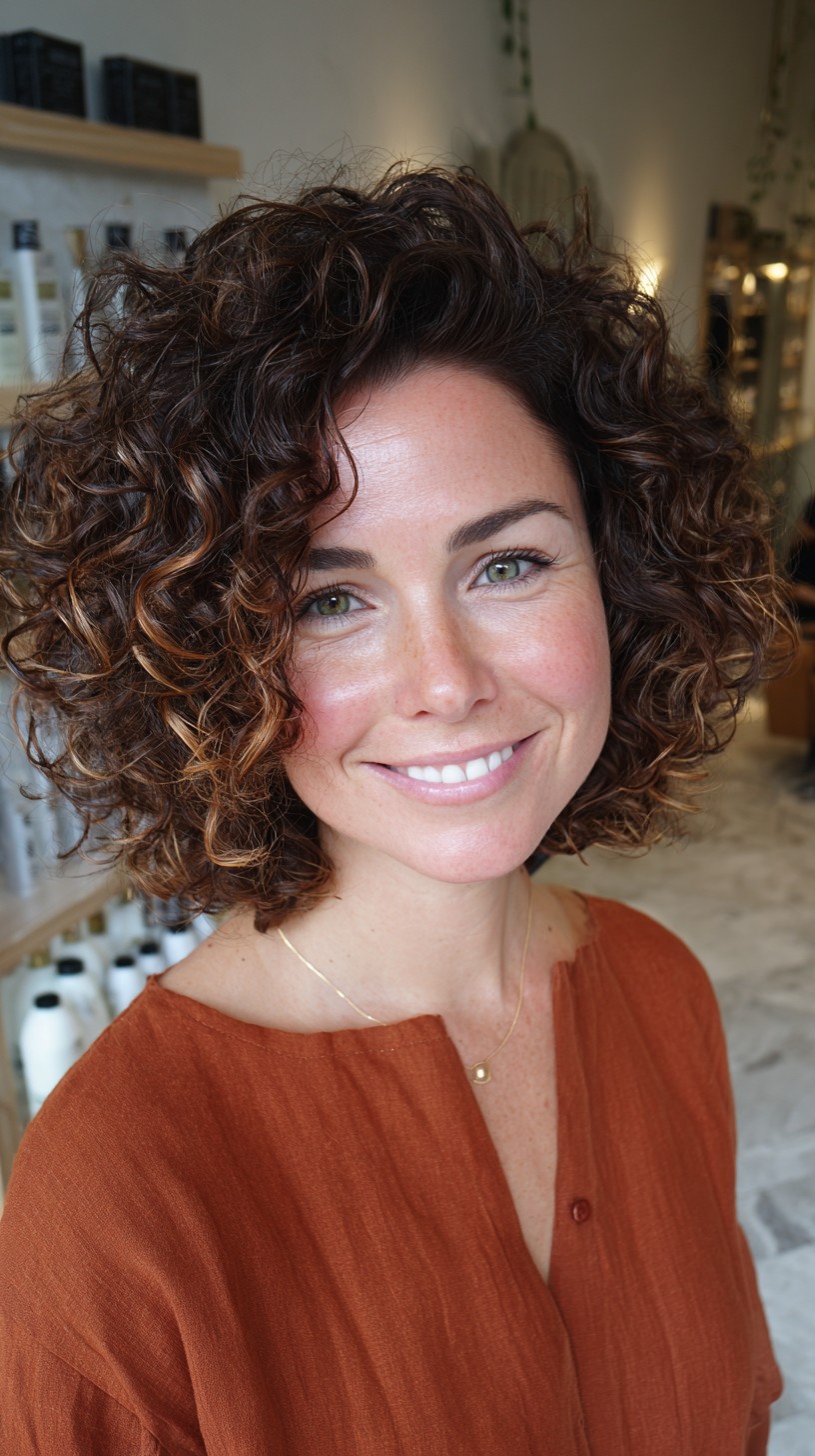 Warm Chestnut Curly Chin-Length Bob with Subtle Copper Balayage