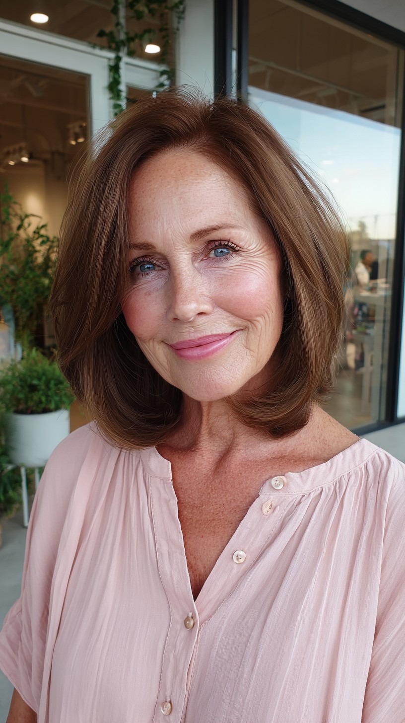 Warm Chestnut Shoulder-Length Layers with Deep Side Part