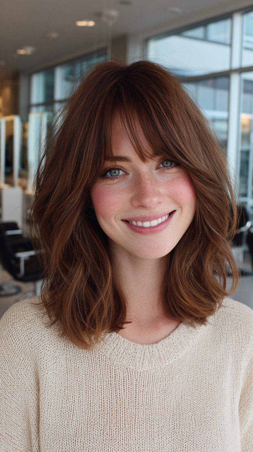 Warm Chestnut Textured Mid-Lob with Soft Curtain Fringe