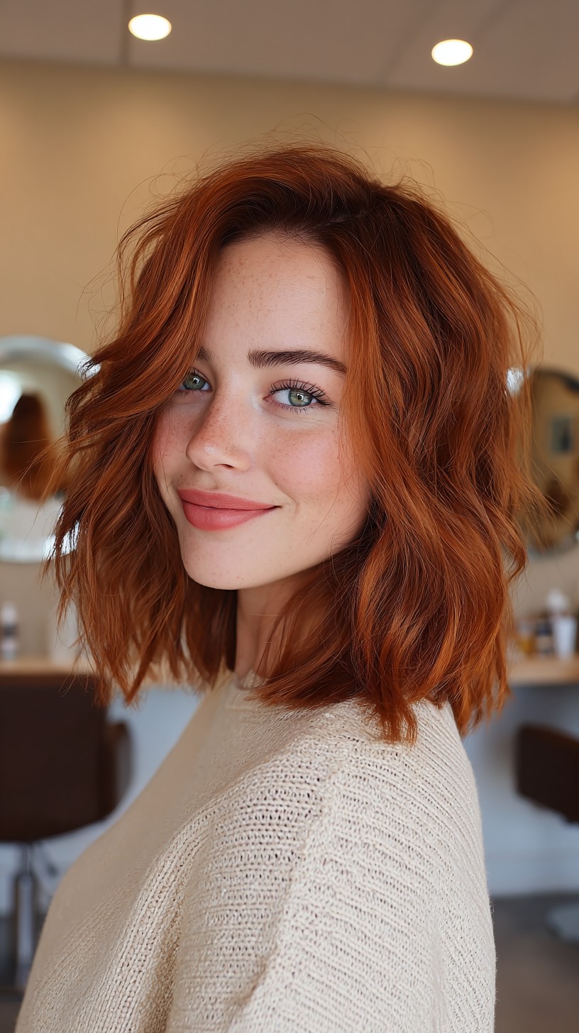 Warm Copper Textured Collarbone Lob with Soft Interior Layers