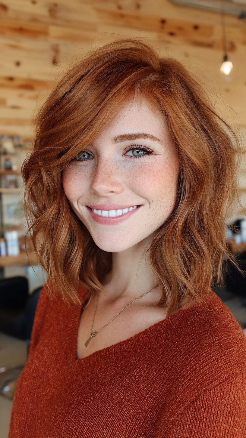 Warm Copper Textured Long Bob with Side-Swept Fringe