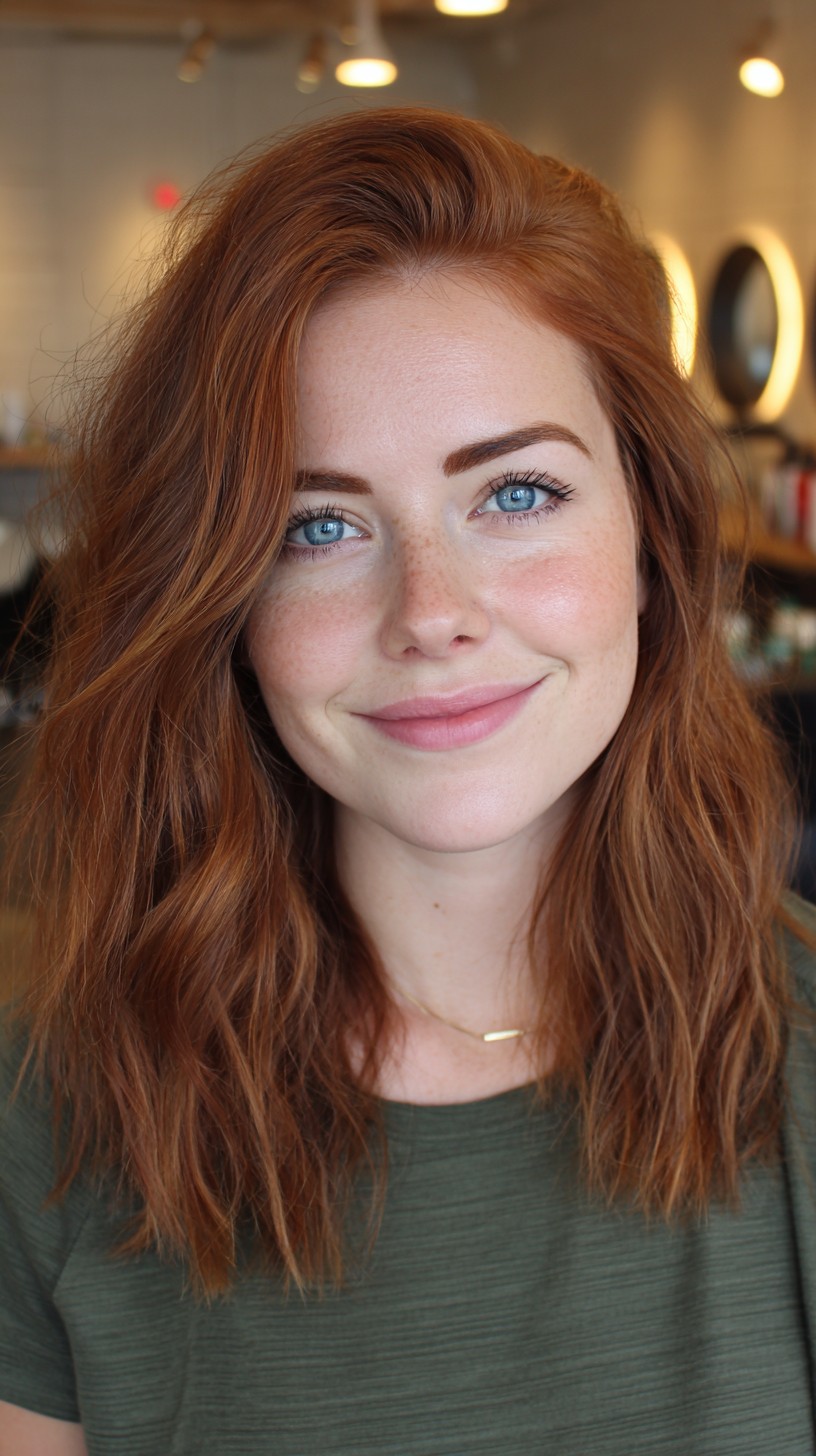 Warm Ginger Textured Shoulder-Grazing Lob with Soft Internal Layers