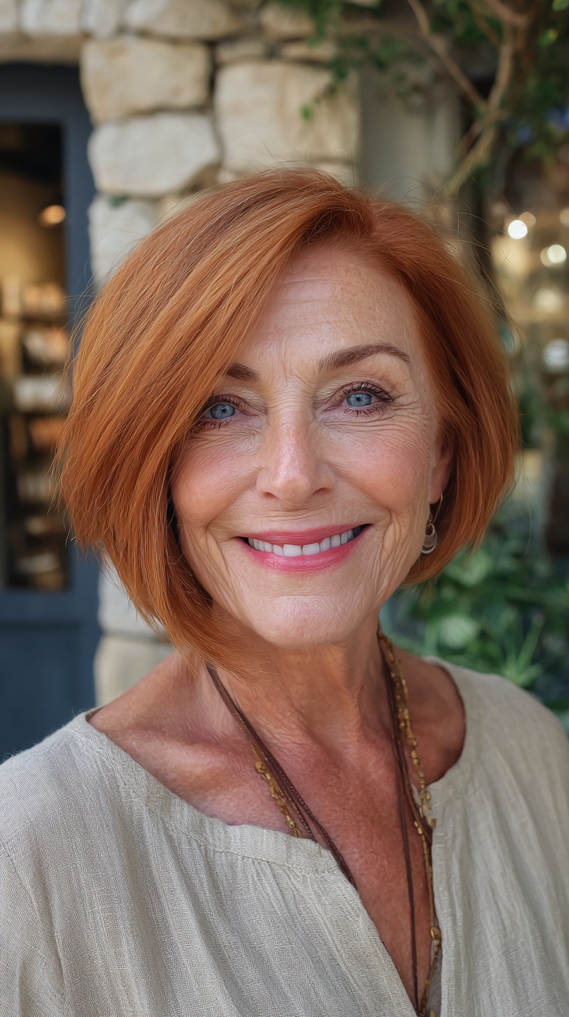 Angled Copper A-Line Bob with Side-Swept Face-Framing Panel