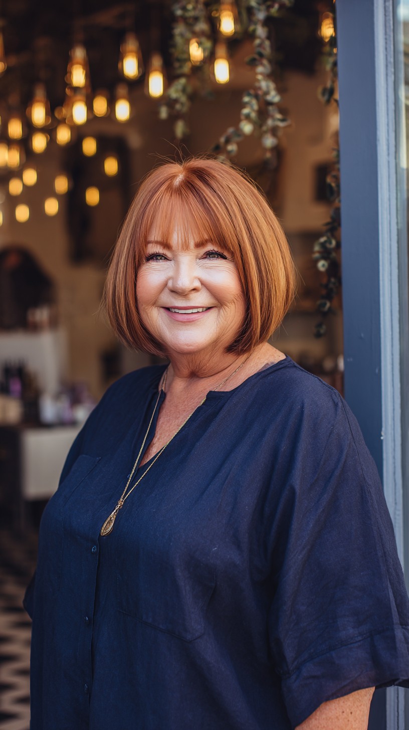 Auburn Rounded Chin-Length Bob with Soft Blunt Micro-Fringe