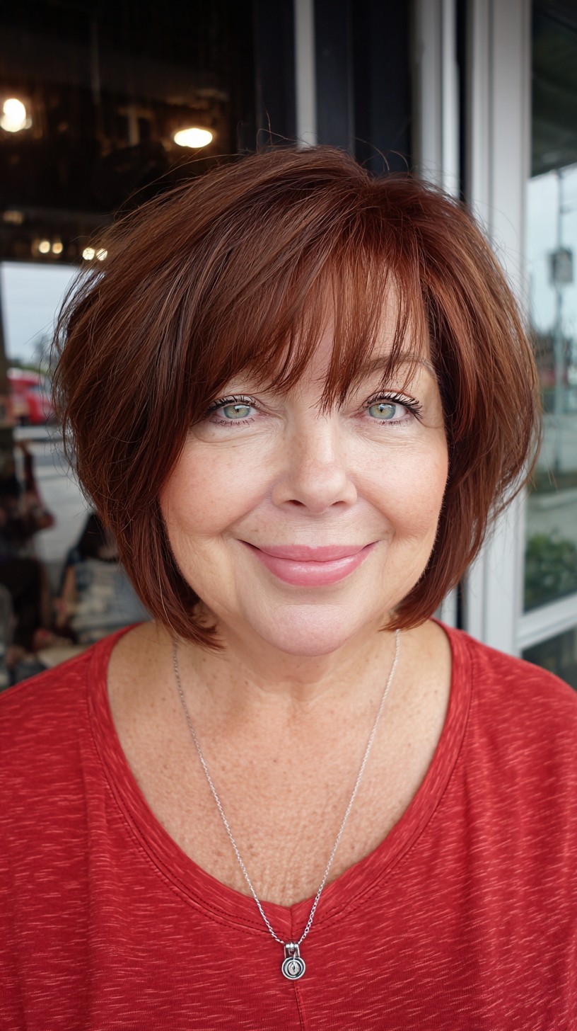 Auburn Stacked Chin-Length Bob with Wispy Fringe