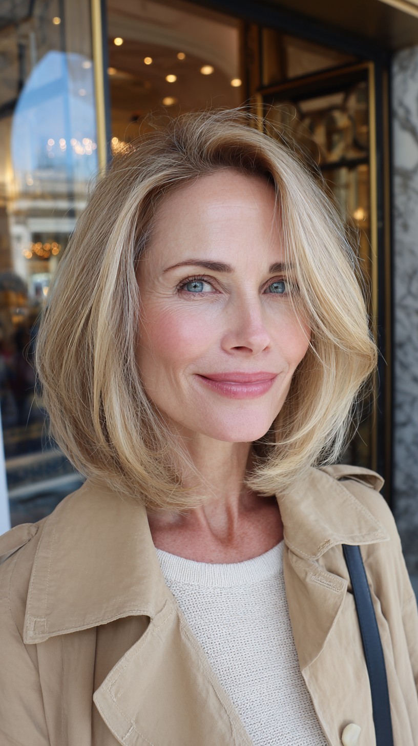 Brushed-Out Blended Blonde Lob with Long Side-Swept Fringe